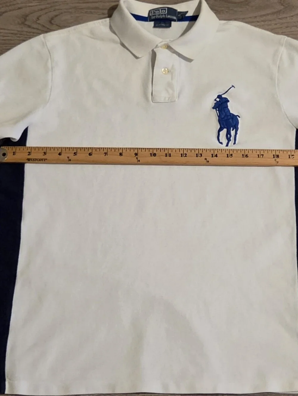 Ralph Lauren Big Pony Polo Shirt - Custom-Fit Size Large - White & Royal Blue